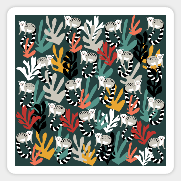 Cute Lemur and Tropical Leaves Pattern Sticker by kapotka